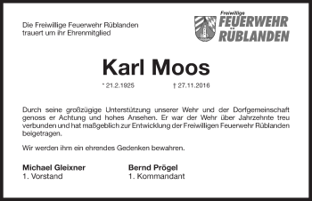 Traueranzeige von Karl Moos von Pegnitz-Zeitung