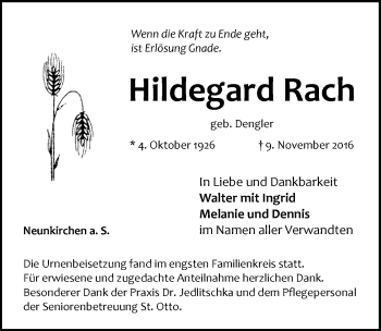 Traueranzeige von Hildegard Rach von Pegnitz-Zeitung