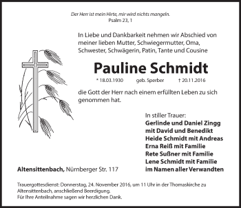 Traueranzeige von Pauline Schmidt von Hersbrucker Zeitung