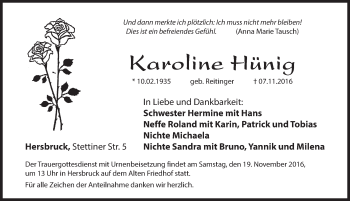 Traueranzeige von Karoline Hünig von Hersbrucker Zeitung