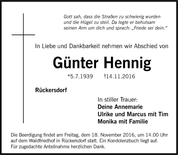 Traueranzeige von Günter Hennig von Pegnitz-Zeitung