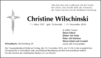 Traueranzeige von Christine Wilschinski von Pegnitz-Zeitung