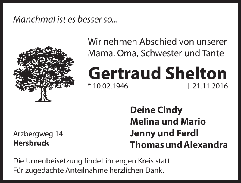  Traueranzeige für Gertraud Shelton vom 23.11.2016 aus Hersbrucker Zeitung