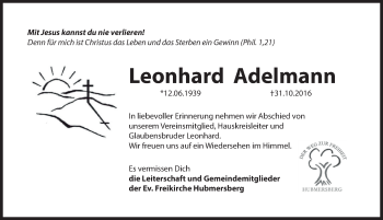 Traueranzeige von Leonhard Adelmann von Hersbrucker Zeitung