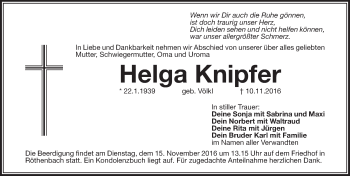 Traueranzeige von Helga Knipfer von N-Land