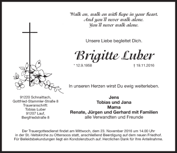 Traueranzeige von Brigitte Luber von Pegnitz-Zeitung
