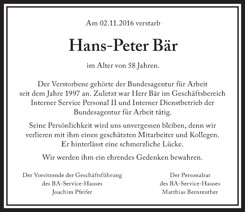 Traueranzeige für Hans-Peter Bär vom 05.11.2016 aus Pegnitz-Zeitung