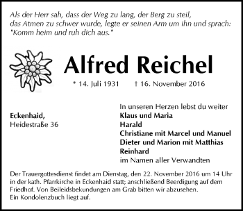 Traueranzeige von Alfred Reichel von Pegnitz-Zeitung