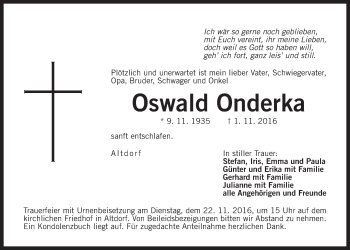 Traueranzeige von Oswald Onderka von Der Bote