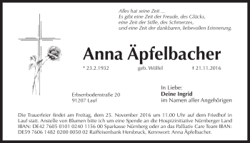 Traueranzeige von Anna Äpfelbacher von Pegnitz-Zeitung