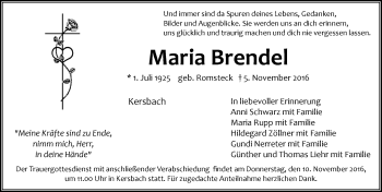 Traueranzeige von Maria Brendel von Pegnitz-Zeitung