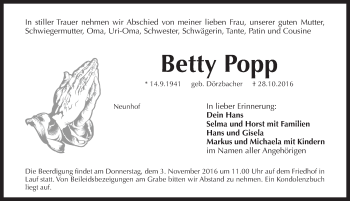 Traueranzeige von Betty Popp von Pegnitz-Zeitung