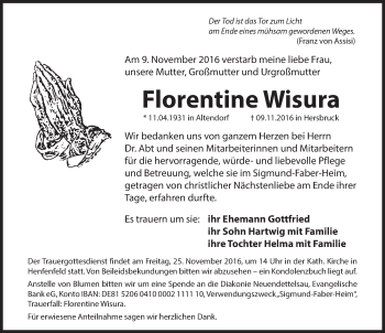Traueranzeige von Florentine Wisura von Hersbrucker Zeitung