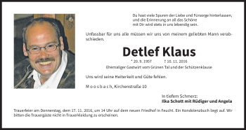 Traueranzeige von Detlef Klaus von Der Bote