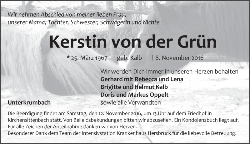  Traueranzeige für Kerstin von der Grün vom 12.11.2016 aus N-Land