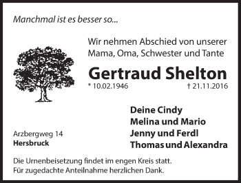 Traueranzeige von Gertraud Shelton von Hersbrucker Zeitung