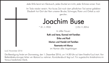 Traueranzeige von Joachim Buse von Pegnitz-Zeitung