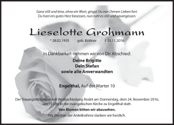 Traueranzeige von Lieselotte Grohmann von Hersbrucker Zeitung