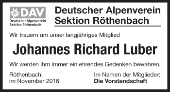 Traueranzeige von Johannes Richard Luber von Pegnitz-Zeitung