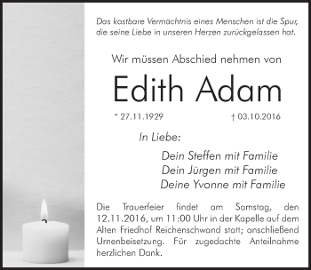 Traueranzeige von Edith Adam von N-Land