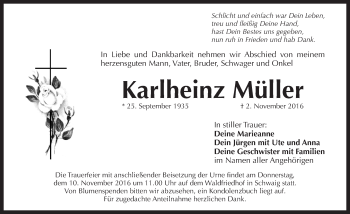 Traueranzeige von Karlheinz Müller von Pegnitz-Zeitung