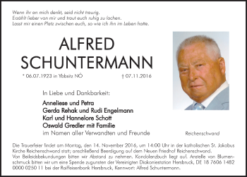 Traueranzeige von Alfred Schuntermann von N-Land