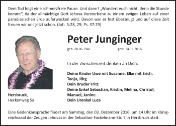 Traueranzeige von Peter Junginger von Hersbrucker Zeitung