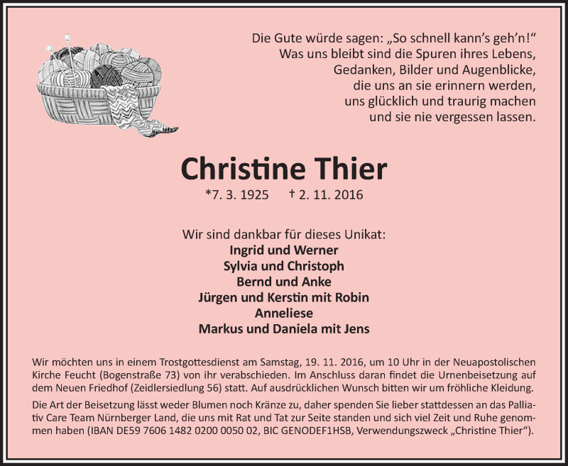  Traueranzeige für Christine Thier vom 05.11.2016 aus Der Bote