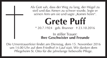 Traueranzeige von Grete Puff von N-Land