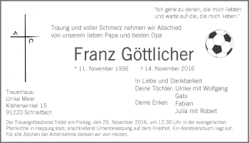Traueranzeige von Franz Göttlicher von Hersbrucker Zeitung