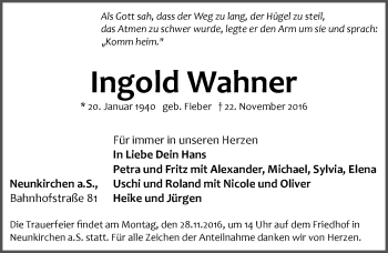 Traueranzeige von Ingold Wahner von Pegnitz-Zeitung