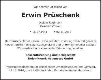 Traueranzeige von Erwin Prüschenk von Hersbrucker Zeitung