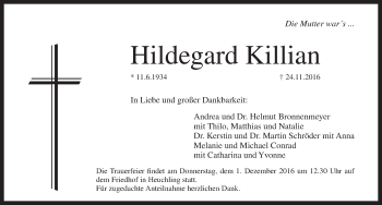 Traueranzeige von Hildegard Killian von Pegnitz-Zeitung