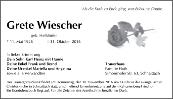Traueranzeige von Grete Wiescher von Pegnitz-Zeitung