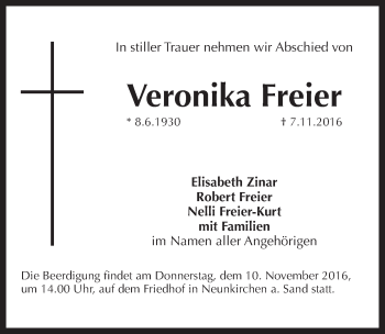 Traueranzeige von Veronika Freier von Hersbrucker Zeitung