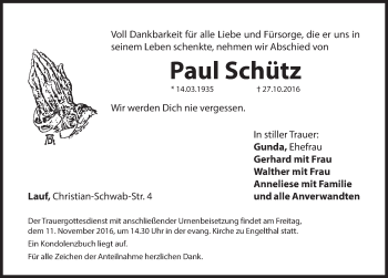Traueranzeige von Paul Schütz von Hersbrucker Zeitung