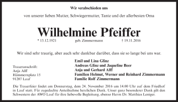 Traueranzeige von Wilhelmine Pfeiffer von Pegnitz-Zeitung