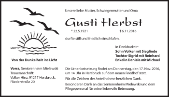 Traueranzeige von Gusti Herbst von Hersbrucker Zeitung
