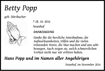 Traueranzeige von Betty Popp von N-Land