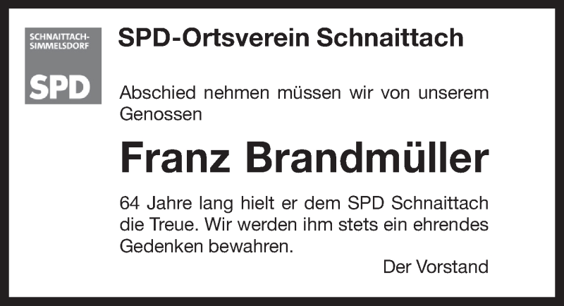  Traueranzeige für Franz Brandmüller vom 28.11.2016 aus Pegnitz-Zeitung