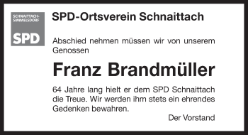 Traueranzeige von Franz Brandmüller von Pegnitz-Zeitung