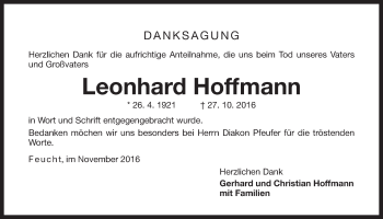 Traueranzeige von Leonhard Hoffmann von N-Land
