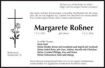 Traueranzeige von Margarete Roßner von Pegnitz-Zeitung