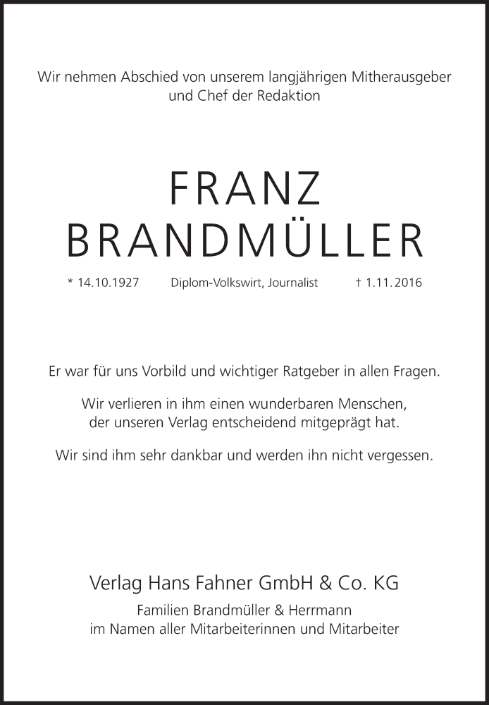  Traueranzeige für Franz Brandmüller vom 08.11.2016 aus Pegnitz-Zeitung