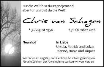Traueranzeige von Chris van Schagen von Pegnitz-Zeitung