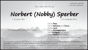 Traueranzeige von Norbert Sperber von Pegnitz-Zeitung