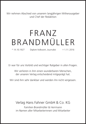 Traueranzeige von Franz Brandmüller von Pegnitz-Zeitung