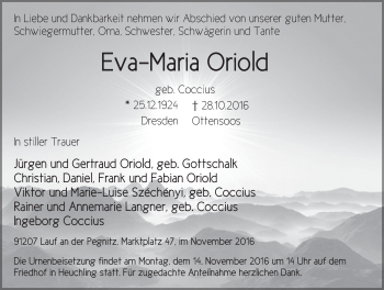 Traueranzeige von Eva-Maria Oriold von N-Land