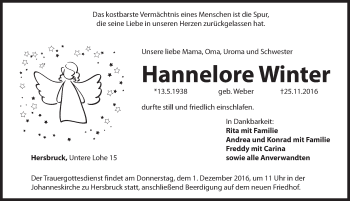 Traueranzeige von Hannelore Winter von Hersbrucker Zeitung
