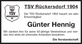 Traueranzeige von Günter Hennig von Pegnitz-Zeitung